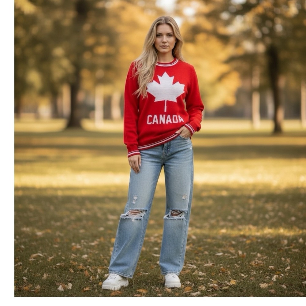 TIPSY ELVES Large Canada‎ Sweater Red Maple Leaf Kitchy Ski Holiday